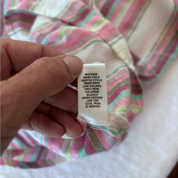 Cato Women’s Linen Blend 3/4 Ruffle Sleeve Striped Shirred Metallic Blouse  XS - Picture 7 of 10